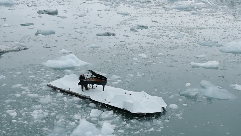 Ludovico Einaudi performing on an iceberg
